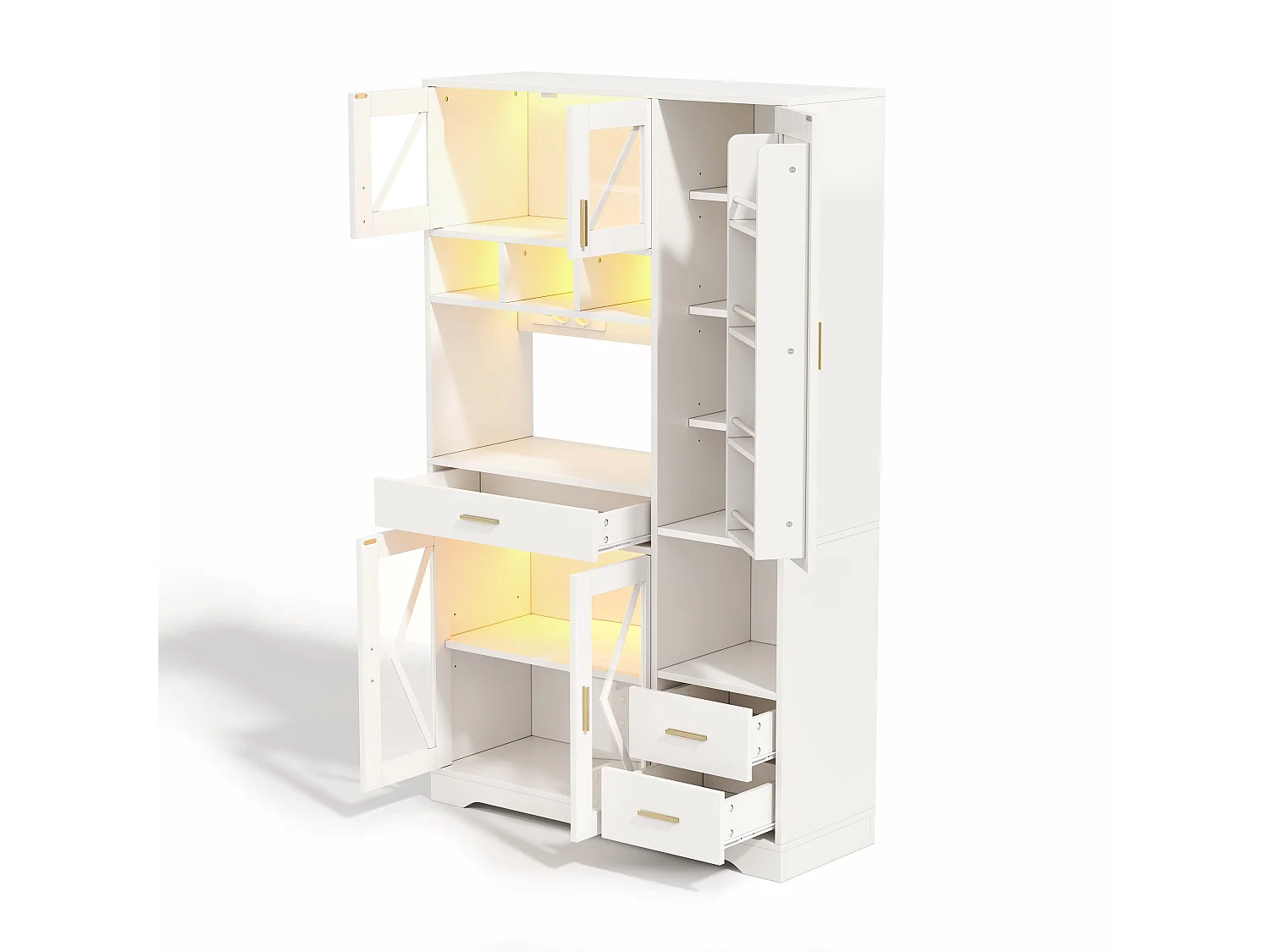 Buffet de cuisine style grange 105x40x185cm - avec éclairage LED et prise - avec 5 portes et 3 tiroirs - Blanc