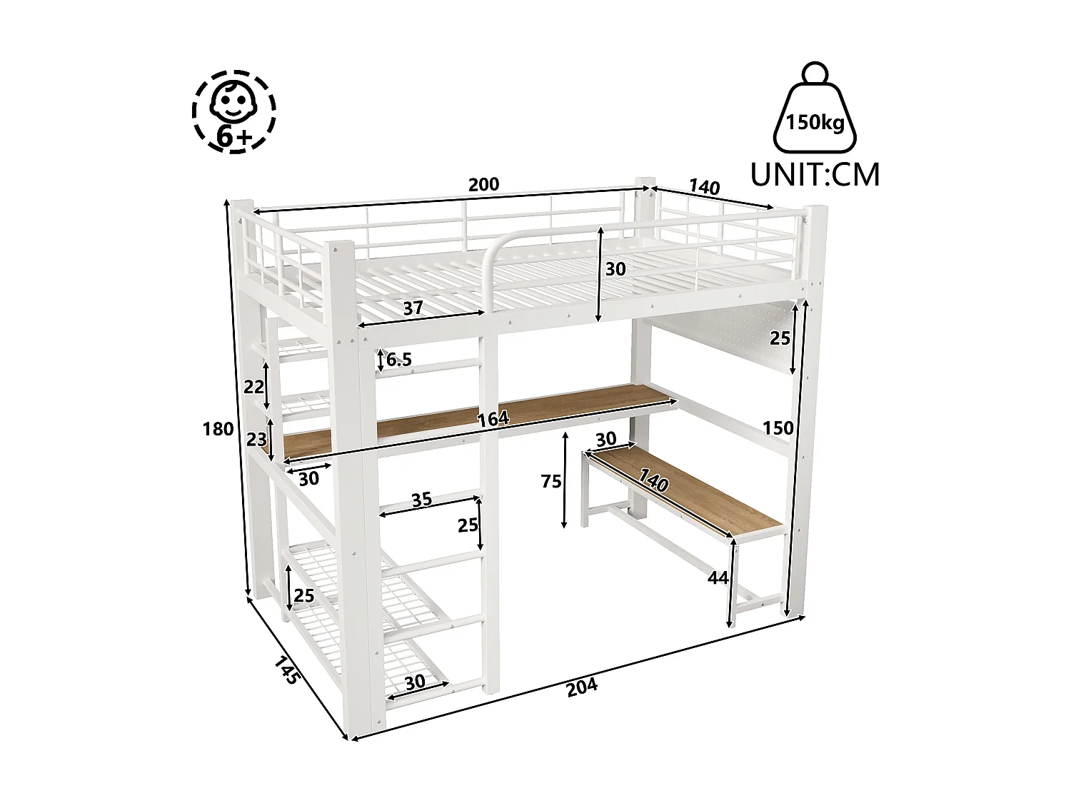 Hochbett 140×200 cm - Metallgestell - LED-Beleuchtung - Leiter inbegriffen - Weiß​ (Matratze nicht inbegriffen)