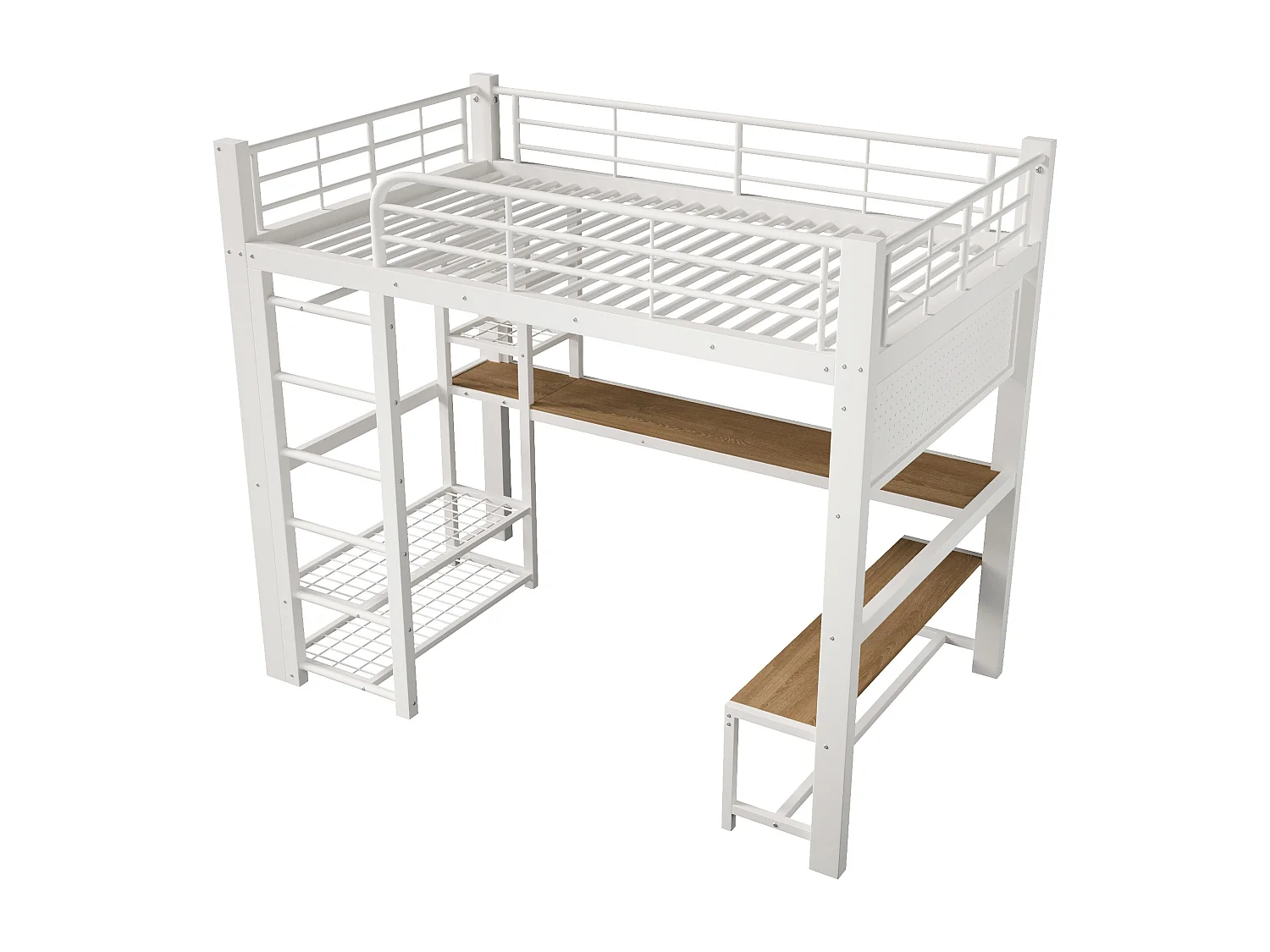 Hochbett 140×200 cm - Metallgestell - LED-Beleuchtung - Leiter inbegriffen - Weiß​ (Matratze nicht inbegriffen)