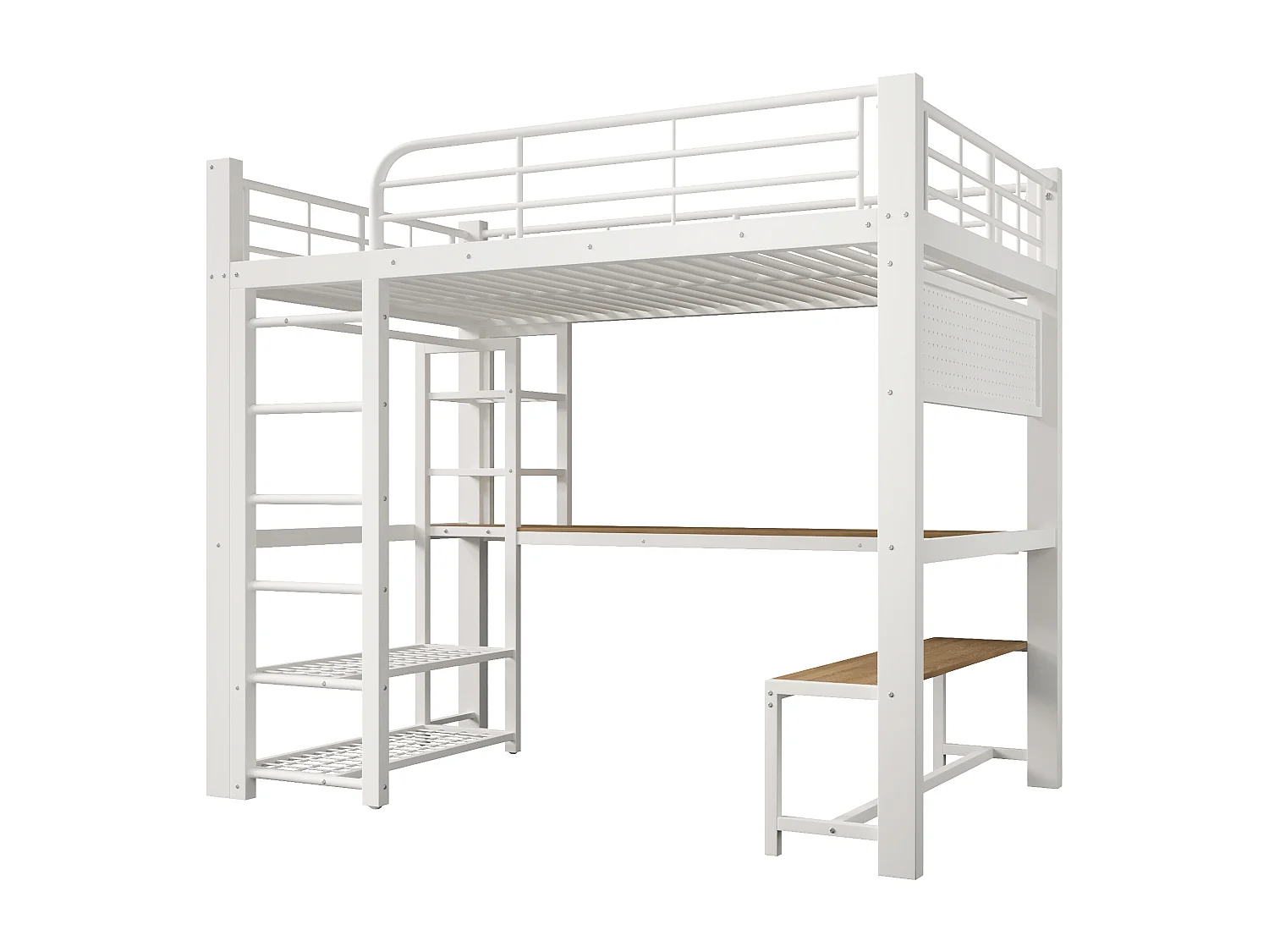 Hochbett 140×200 cm - Metallgestell - LED-Beleuchtung - Leiter inbegriffen - Weiß​ (Matratze nicht inbegriffen)