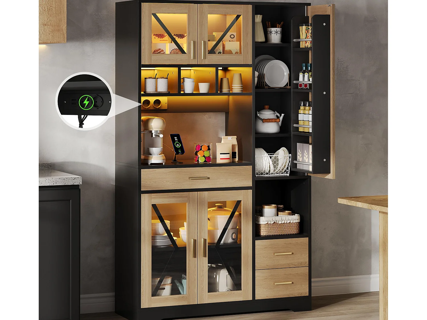 Buffet de cuisine style grange 105x40x185cm - avec éclairage LED et prise - avec 5 portes et 3 tiroirs - Noir + Naturel