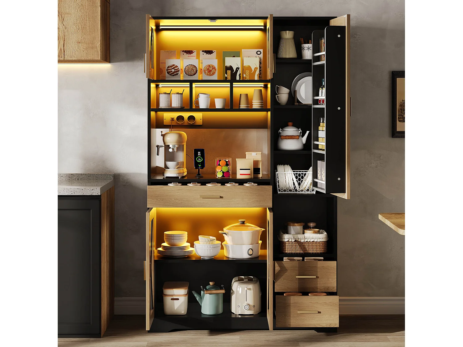 Buffet de cuisine style grange 105x40x185cm - avec éclairage LED et prise - avec 5 portes et 3 tiroirs - Noir + Naturel