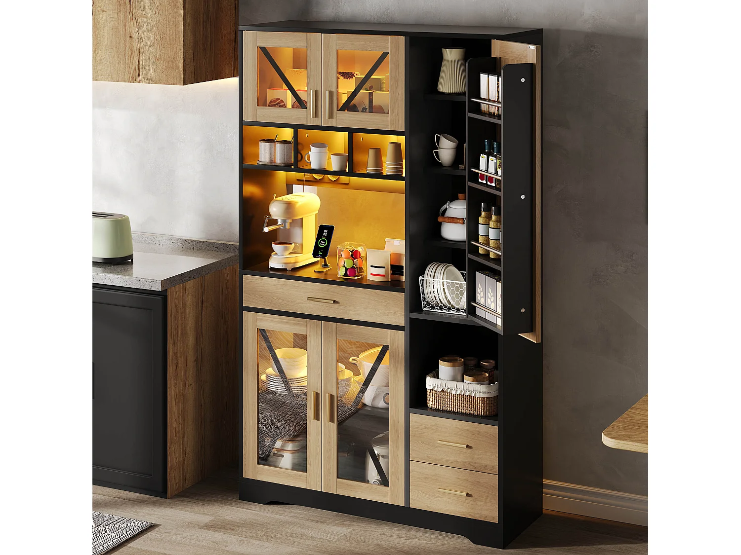 Buffet de cuisine style grange 105x40x185cm - avec éclairage LED et prise - avec 5 portes et 3 tiroirs - Noir + Naturel