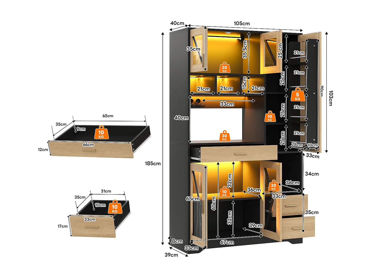 Buffet de cuisine style grange 105x40x185cm - avec éclairage LED et prise - avec 5 portes et 3 tiroirs - Noir + Naturel