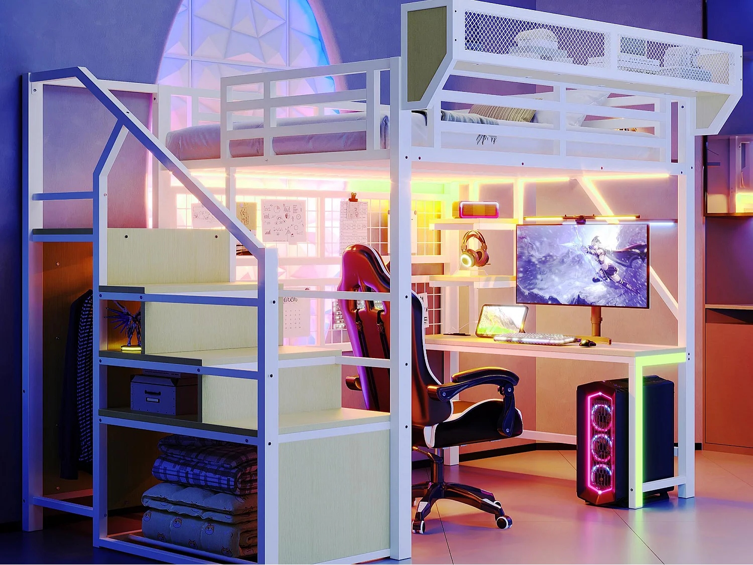 Metall-Hochbett 140x200 cm - mit Schreibtisch - mit Regalen - mit Sicherheitsleiter - mit LED-Beleuchtung - Steckdose - weiß​ (Matratze nicht inbegriffen)