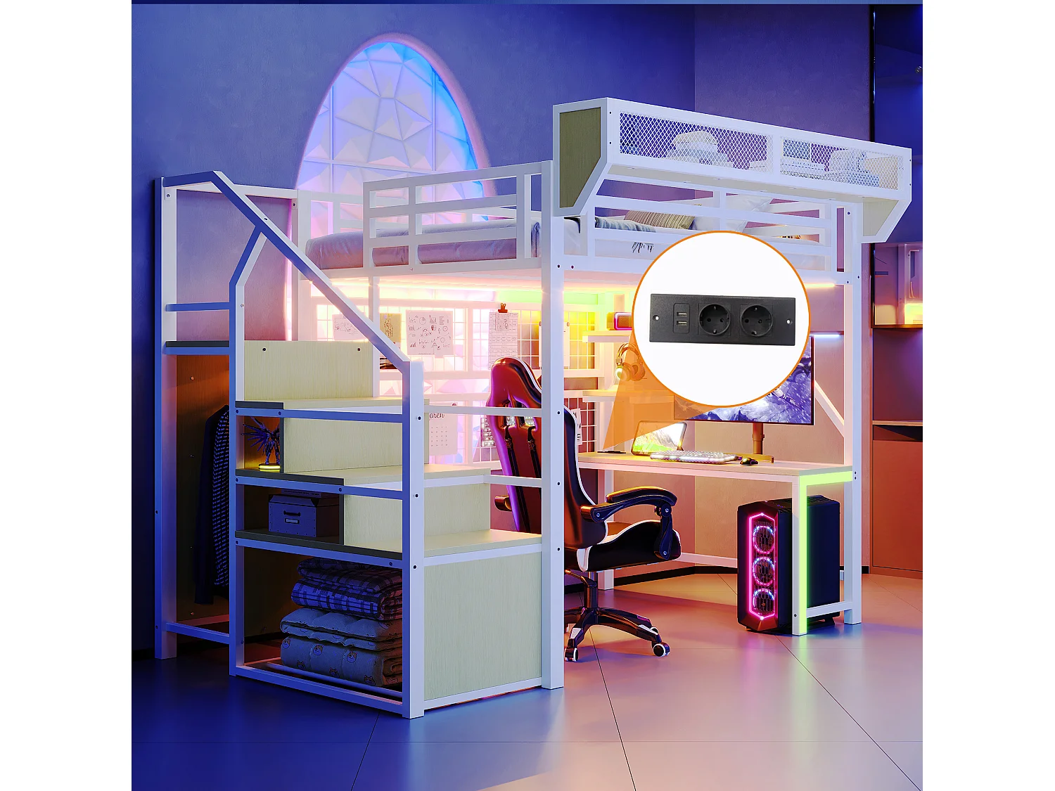 Metall-Hochbett 140x200 cm - mit Schreibtisch - mit Regalen - mit Sicherheitsleiter - mit LED-Beleuchtung - Steckdose - weiß​ (Matratze nicht inbegriffen)