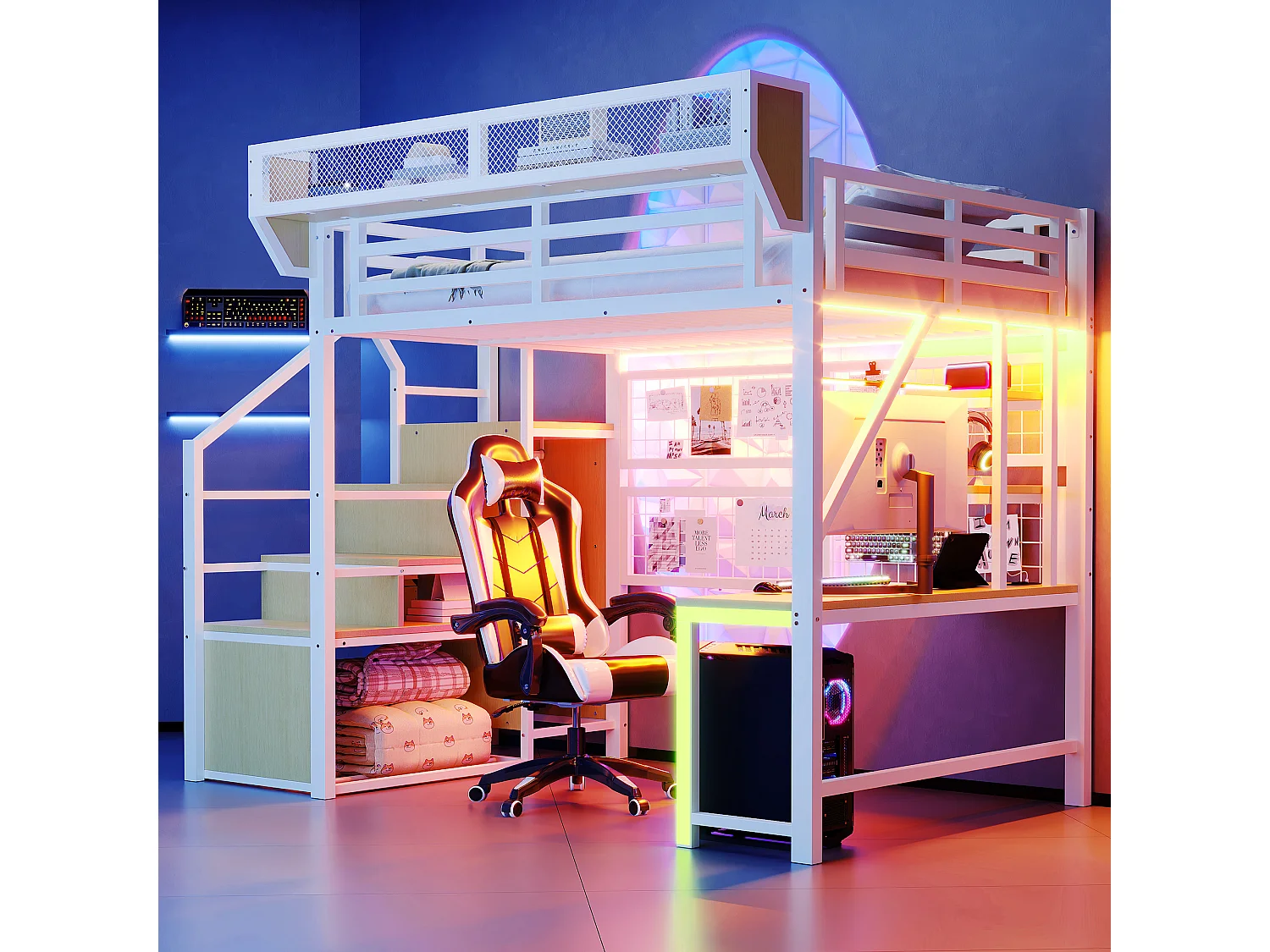 Metall-Hochbett 140x200 cm - mit Schreibtisch - mit Regalen - mit Sicherheitsleiter - mit LED-Beleuchtung - Steckdose - weiß​ (Matratze nicht inbegriffen)