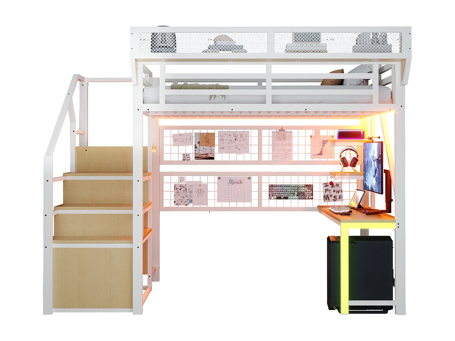 Metall-Hochbett 140x200 cm - mit Schreibtisch - mit Regalen - mit Sicherheitsleiter - mit LED-Beleuchtung - Steckdose - weiß​ (Matratze nicht inbegriffen)