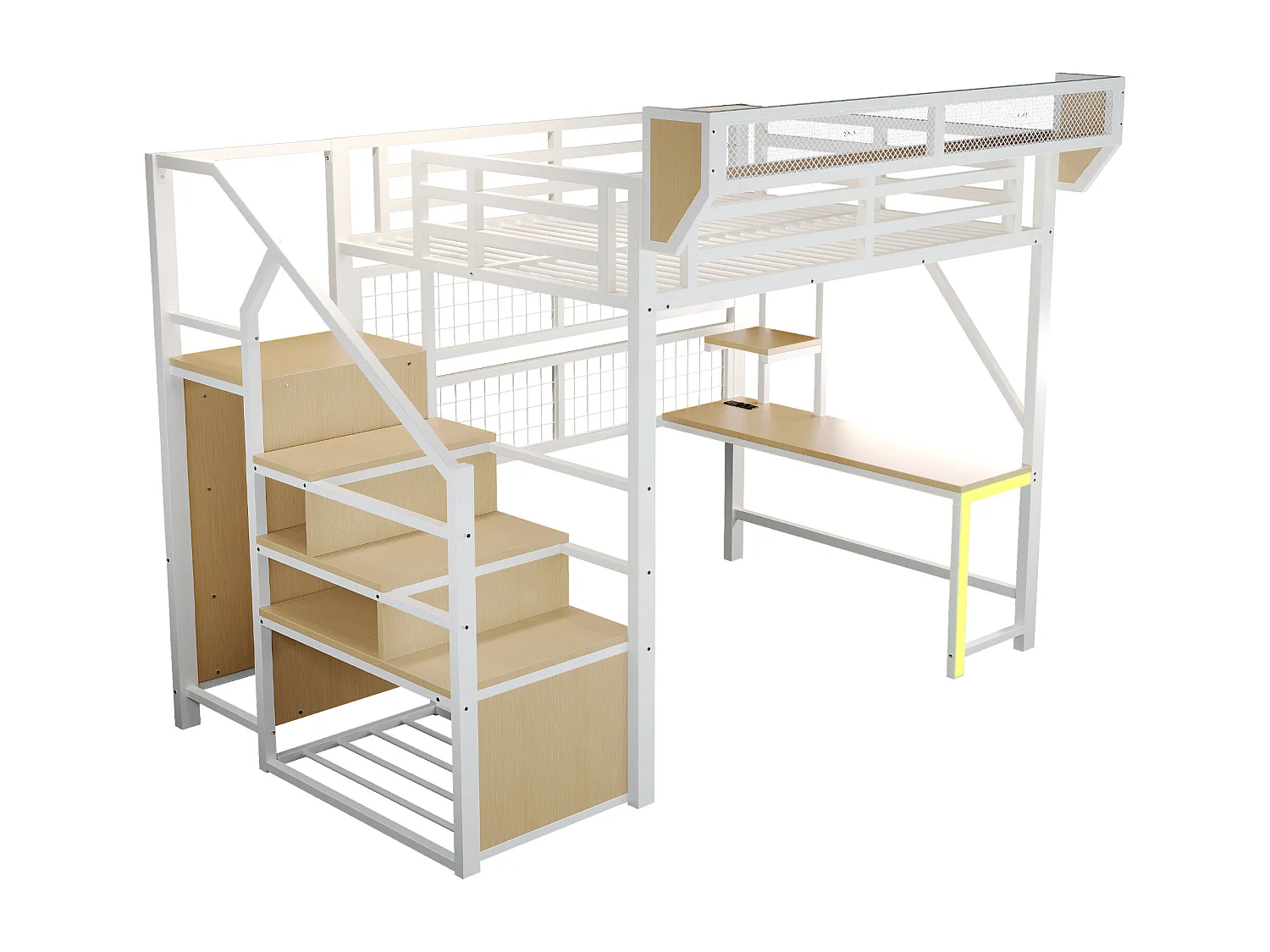 Metall-Hochbett 140x200 cm - mit Schreibtisch - mit Regalen - mit Sicherheitsleiter - mit LED-Beleuchtung - Steckdose - weiß​ (Matratze nicht inbegriffen)