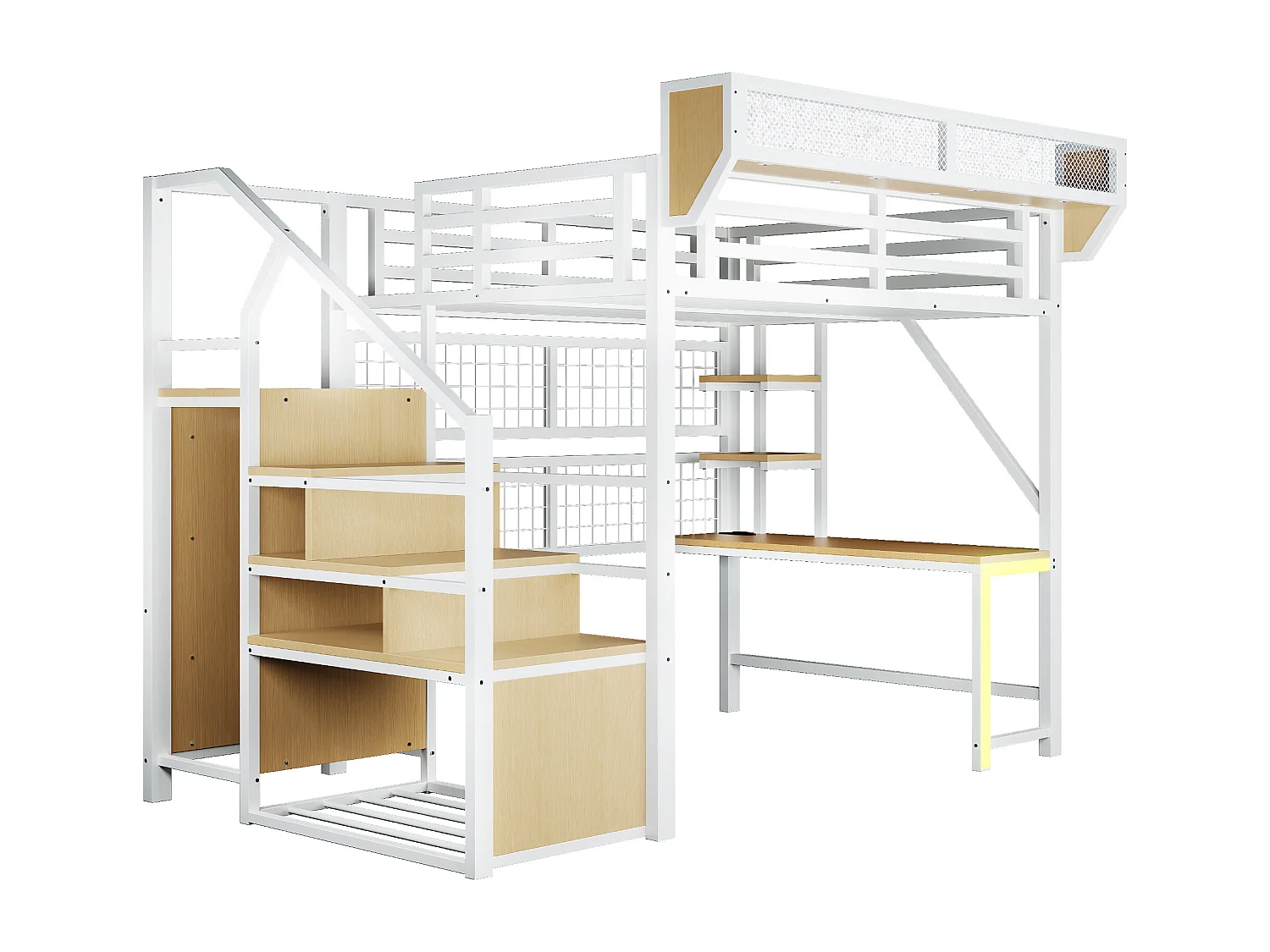 Metall-Hochbett 140x200 cm - mit Schreibtisch - mit Regalen - mit Sicherheitsleiter - mit LED-Beleuchtung - Steckdose - weiß​ (Matratze nicht inbegriffen)