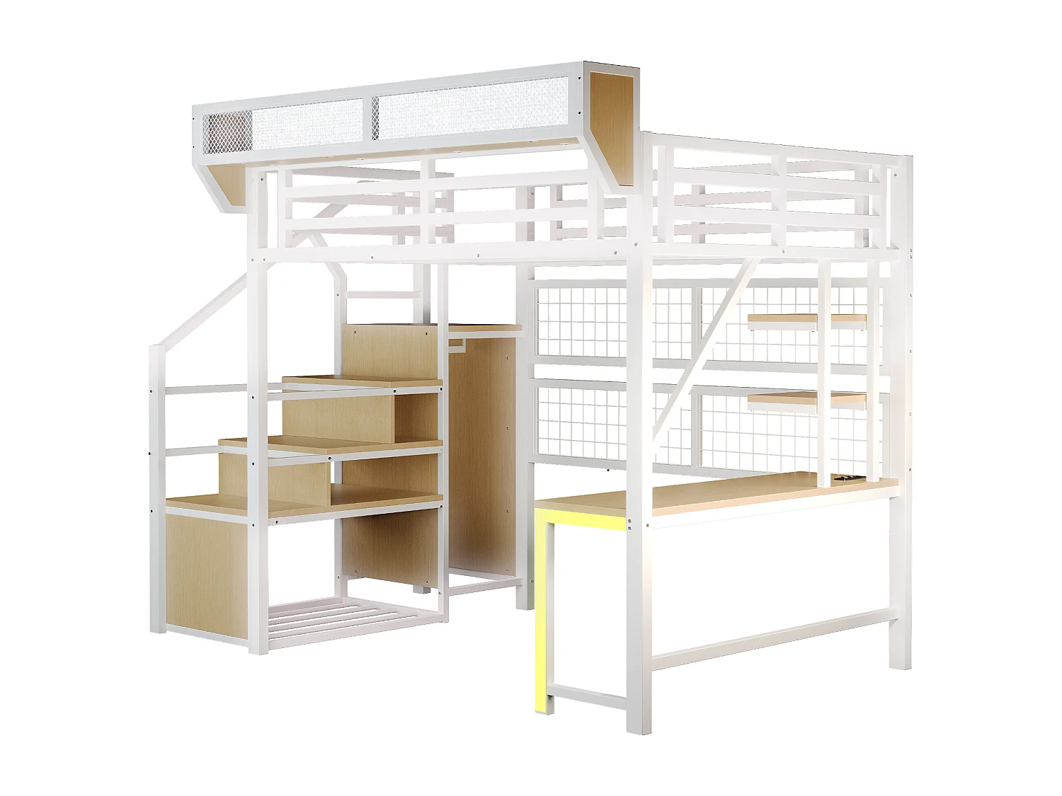 Metall-Hochbett 140x200 cm - mit Schreibtisch - mit Regalen - mit Sicherheitsleiter - mit LED-Beleuchtung - Steckdose - weiß​ (Matratze nicht inbegriffen)