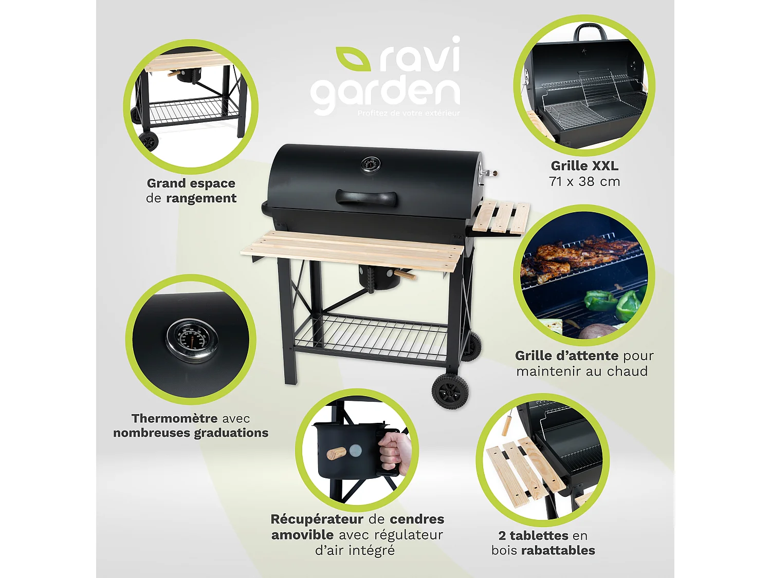 Barbecue Charbon de Bois XXL avec Couvercle | Barbecue à Charbon Américain | Barbecue Extérieur avec grille 71x38 cm