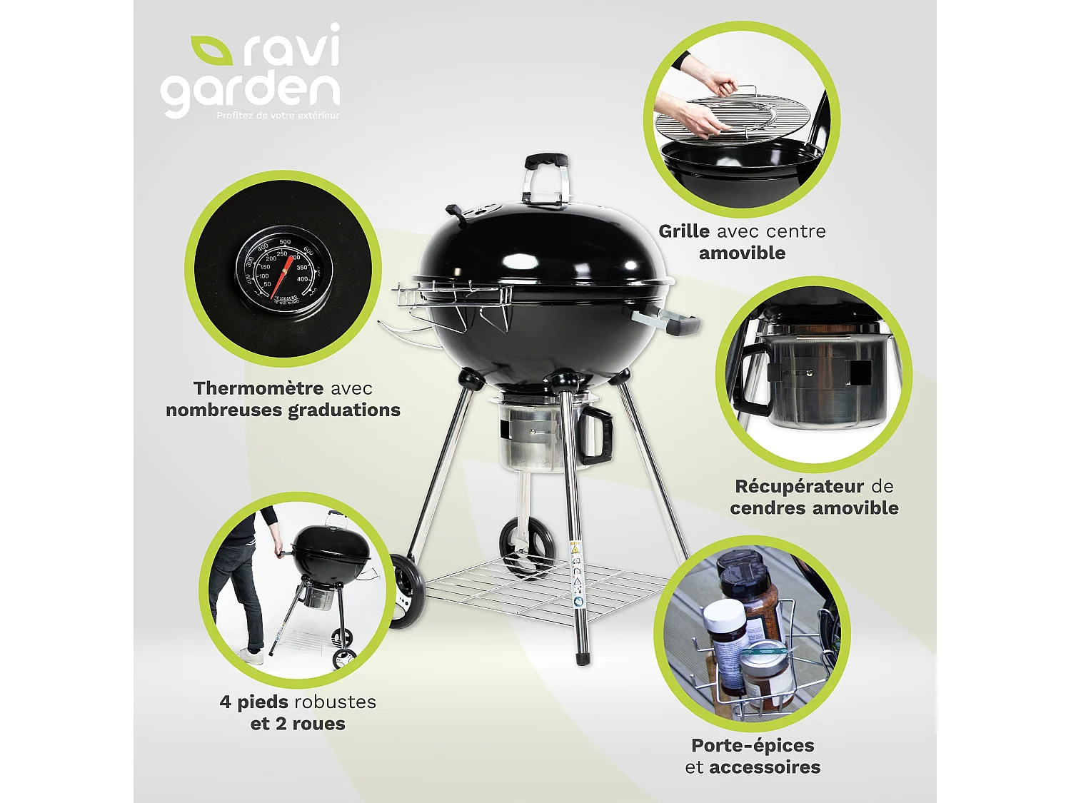 Barbecue Charbon de Bois 57 cm avec Couvercle | Barbecue Rond Charbon | BBQ Charbon 4 Pieds | Idéal pour 8 à 12 personnes