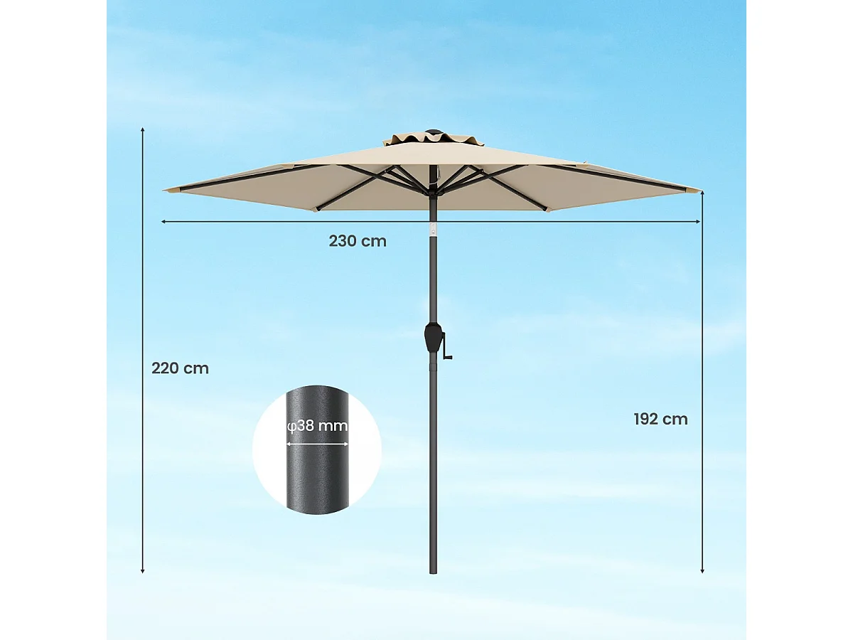 Parasol de Terrasse 230 cm Parasol Robuste avec Inclinaison par Bouton-Poussoir Manivelle Toile Ventilée Angle Réglable Beige