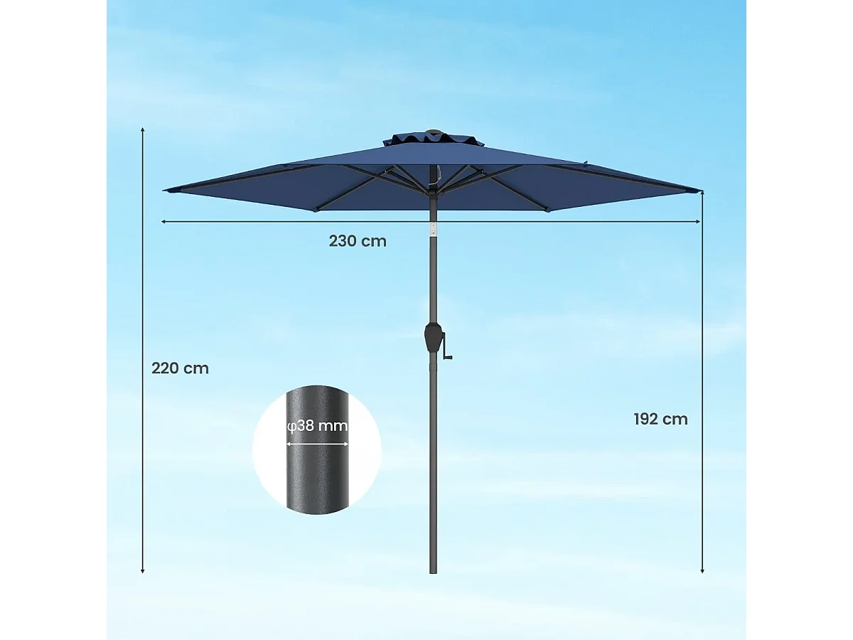 Parasol de Terrasse 230 cm Parasol Robuste avec Inclinaison par Bouton-Poussoir Manivelle Toile Ventilée Angle Réglable Bleu Marine