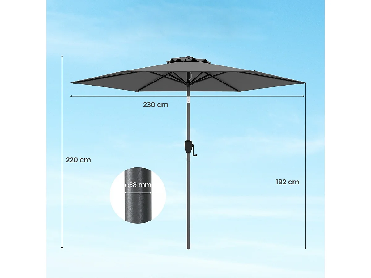 Parasol de Terrasse 230 cm Parasol Robuste avec Inclinaison par Bouton-Poussoir Manivelle Toile Ventilée Angle Réglable Gris