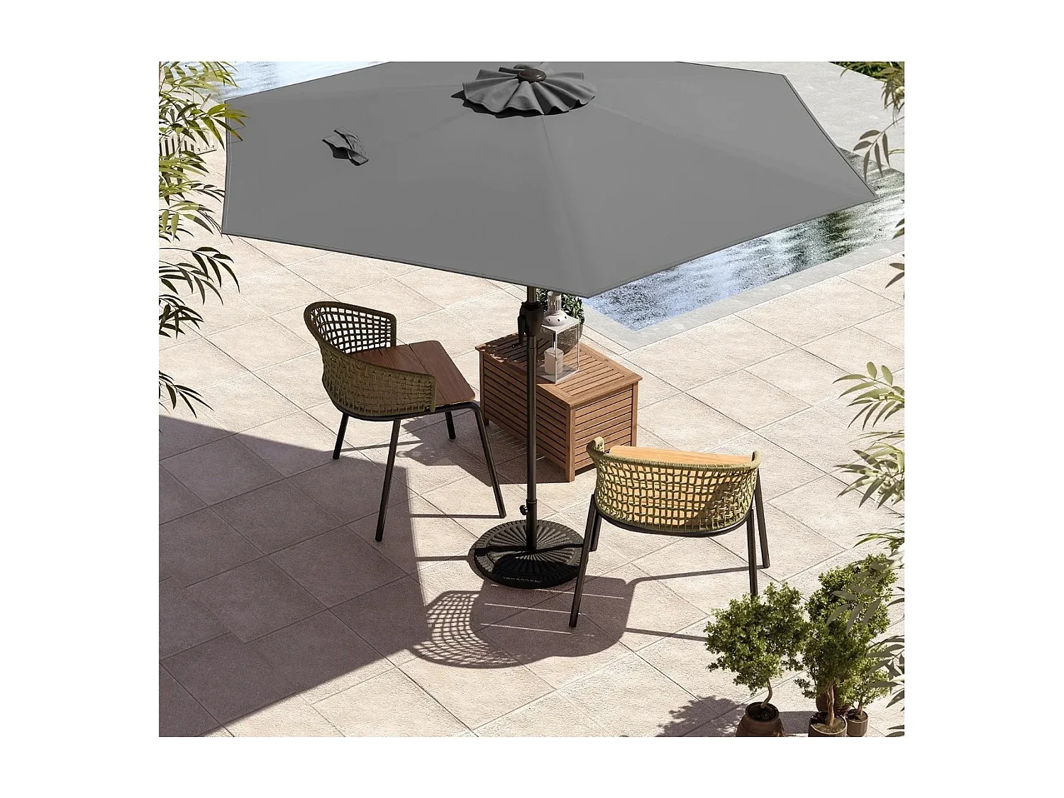 Parasol de Terrasse 230 cm Parasol Robuste avec Inclinaison par Bouton-Poussoir Manivelle Toile Ventilée Angle Réglable Gris