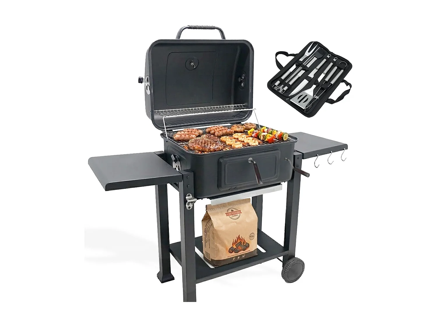 Barbecue Charbon de Bois avec Couvercle | Hauteur de Braise Ajustable | Grille de Cuisson XL 54x43 cm