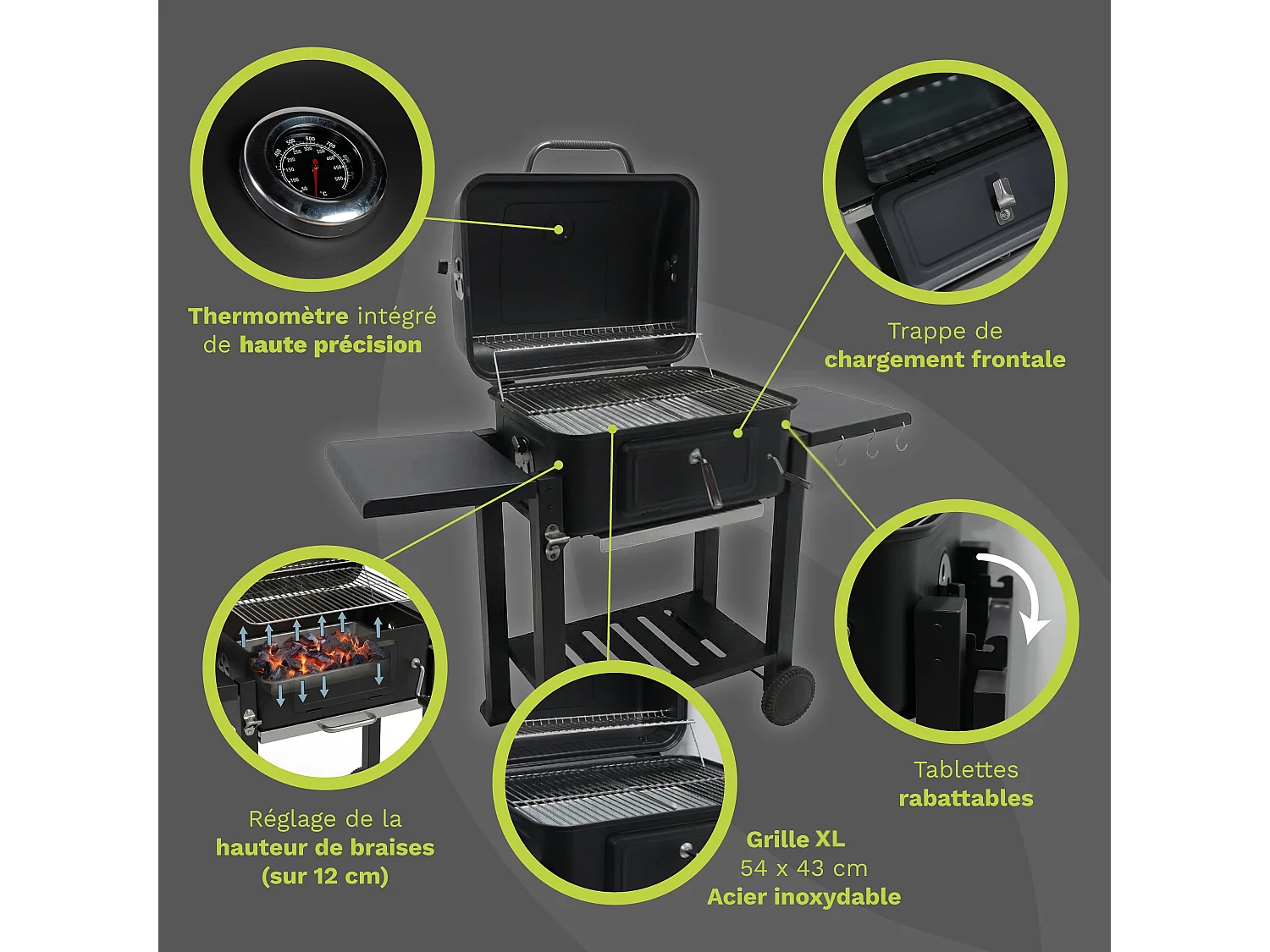 Barbecue Charbon de Bois avec Couvercle | Hauteur de Braise Ajustable | Grille de Cuisson XL 54x43 cm