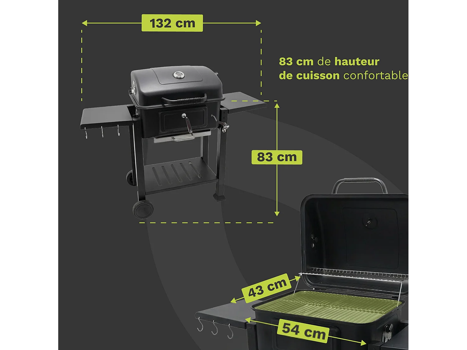 Barbecue Charbon de Bois avec Couvercle | Hauteur de Braise Ajustable | Grille de Cuisson XL 54x43 cm