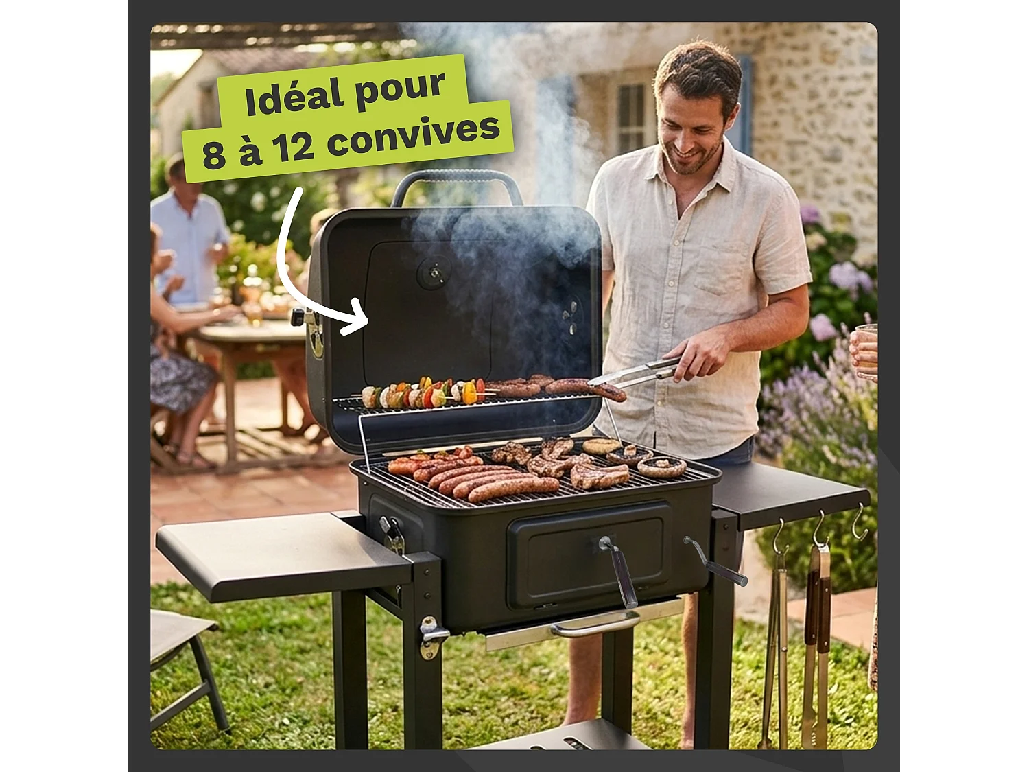 Barbecue Charbon de Bois avec Couvercle | Grille de Cuisson XL 54x43 cm