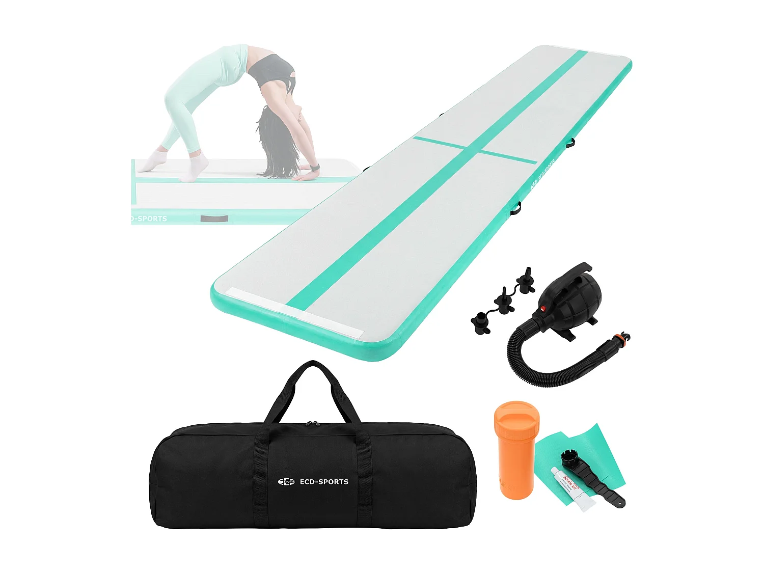 ECD Germany Tappetino ginnastica gonfiabile airtrack 5m verde menta 10 cm materassino tumbling fitness palestra con borsa trasporto e pompa elettrica