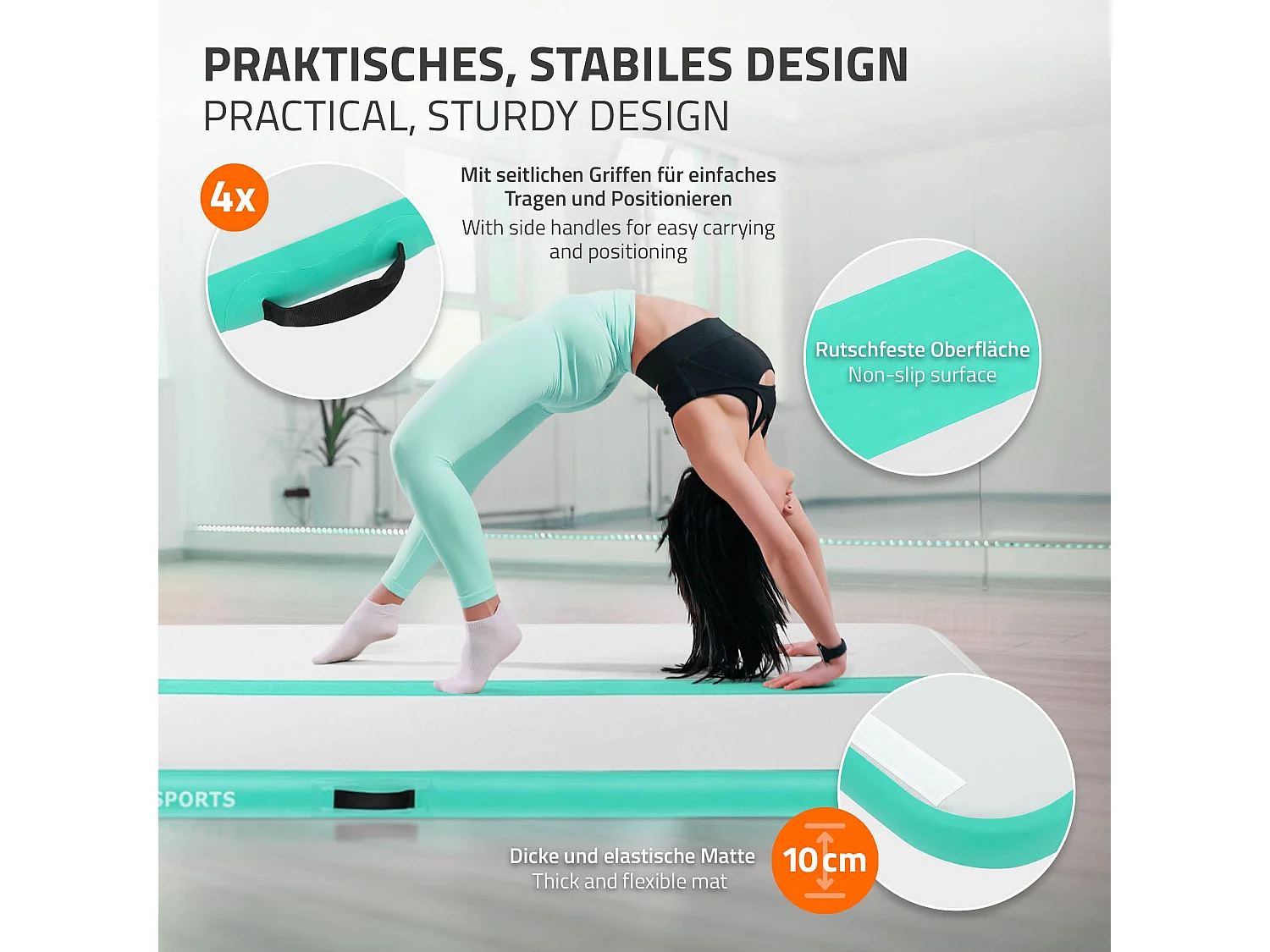 ECD Germany Tappetino ginnastica gonfiabile airtrack 5m verde menta 10 cm materassino tumbling fitness palestra con borsa trasporto e pompa elettrica