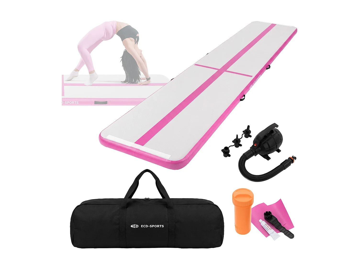 Tapis airtrack 500x100x10cm en rose piste de gymnastique gonflable pour tumbling yoga pilates et fitness avec pompe électrique et sac de transport