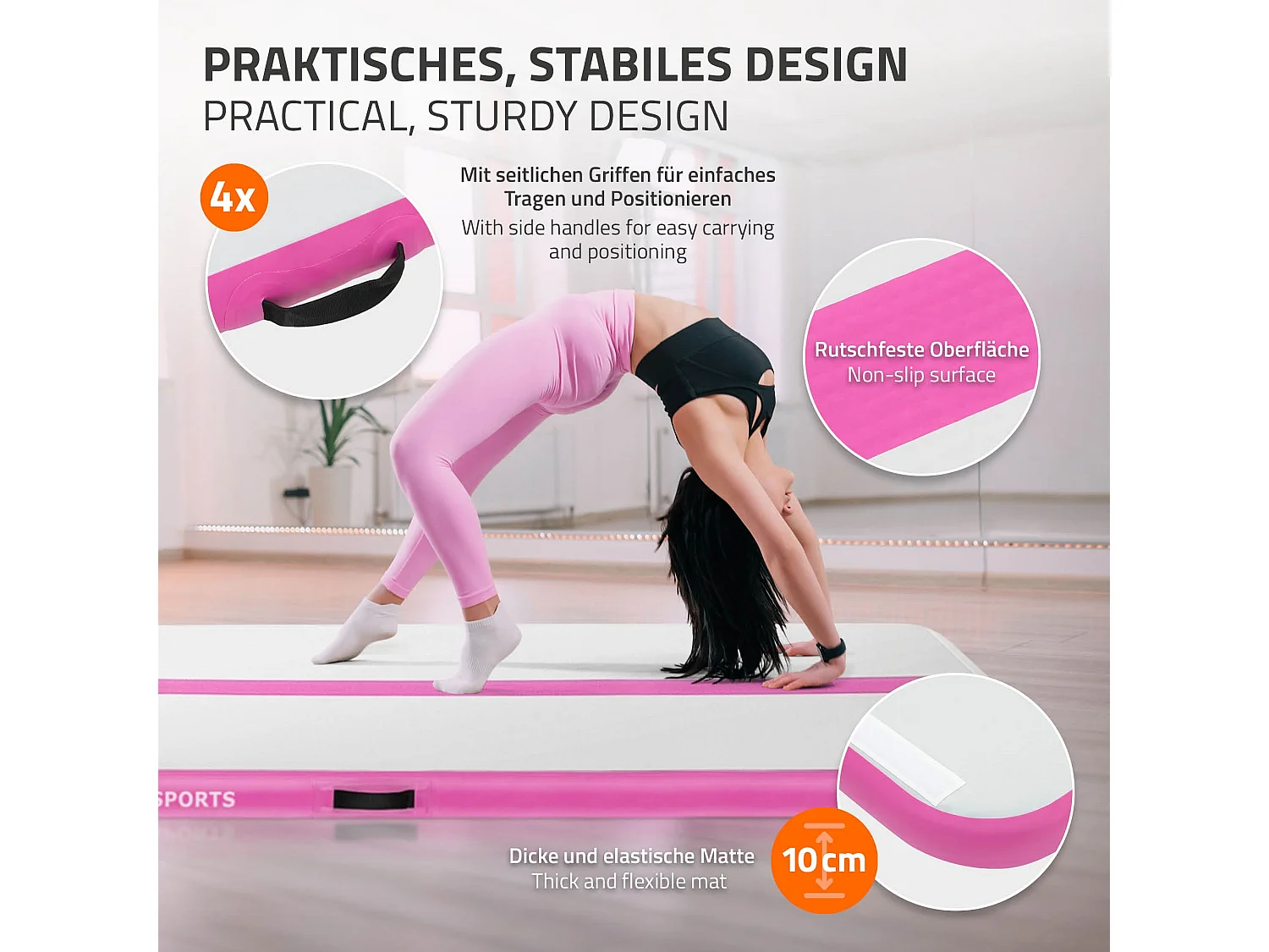 Tapis airtrack 500x100x10cm en rose piste de gymnastique gonflable pour tumbling yoga pilates et fitness avec pompe électrique et sac de transport