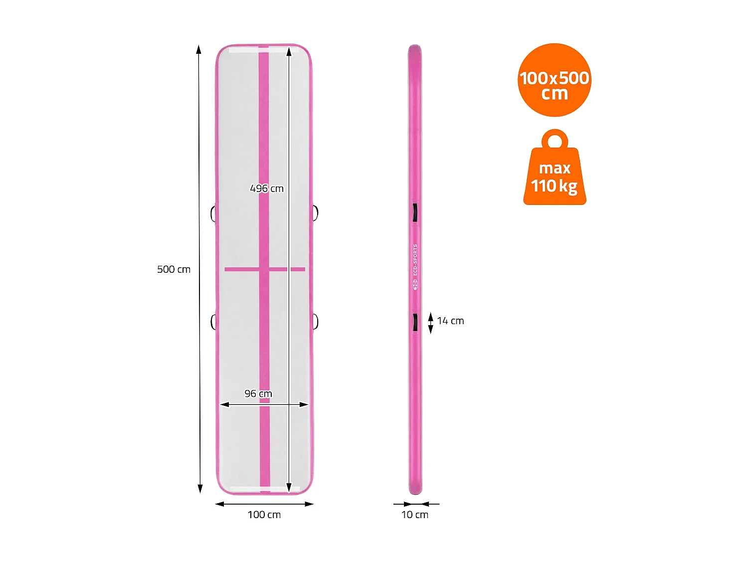 Tapis airtrack 500x100x10cm en rose piste de gymnastique gonflable pour tumbling yoga pilates et fitness avec pompe électrique et sac de transport