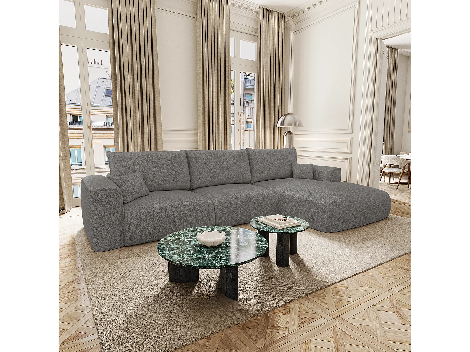 Canapé d'angle droit convertible avec coffre COMO en Tissu bouclette