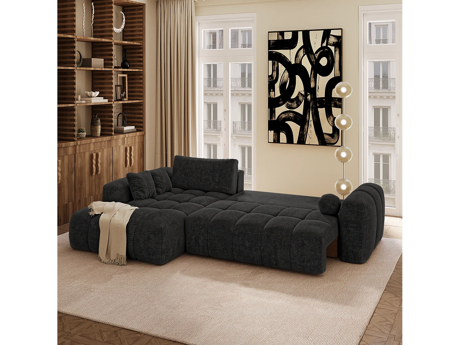 Canapé angle gauche convertible avec coffre SKY en Tissu tramé