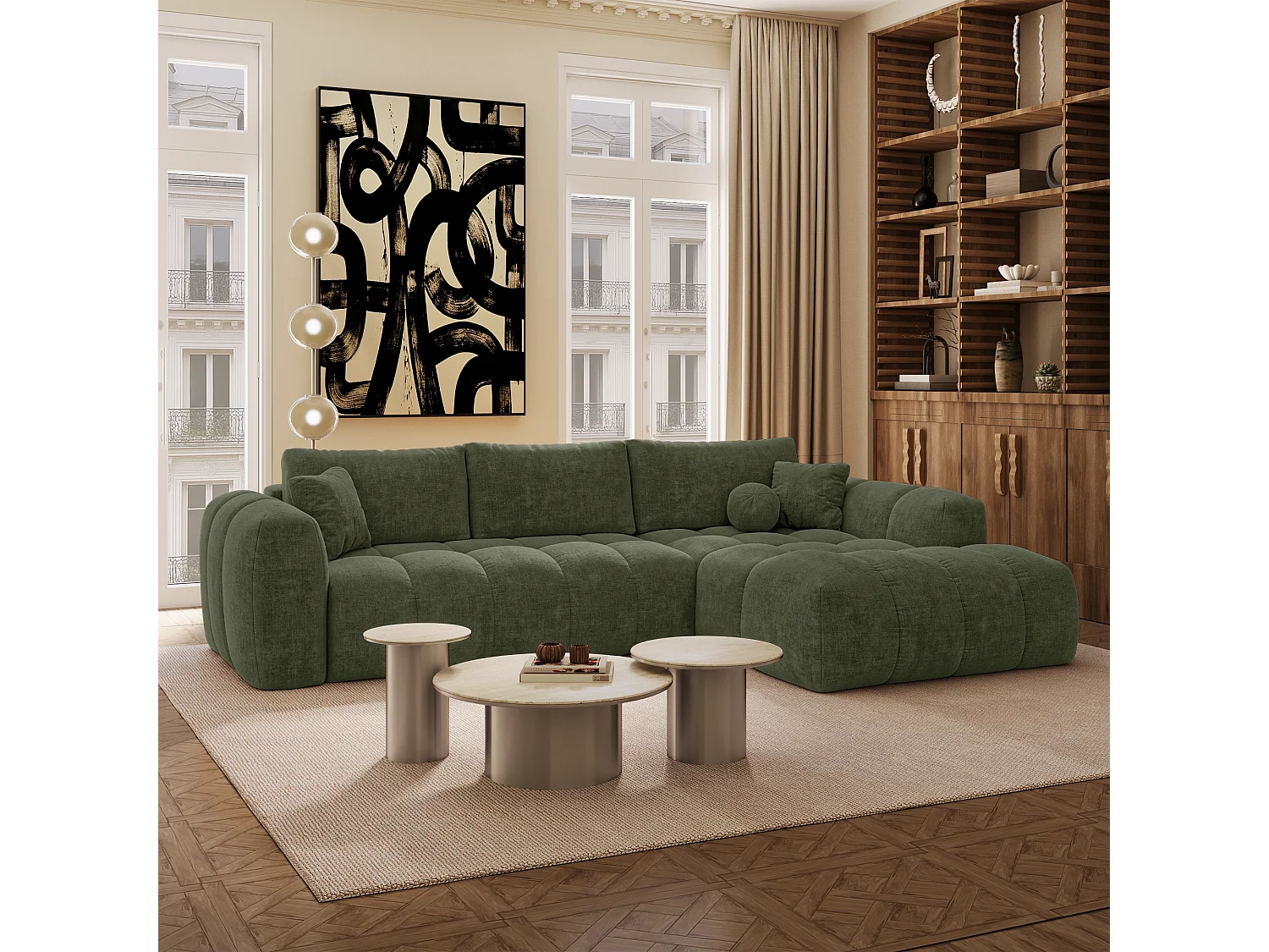 Canapé d'angle droit convertible avec coffre SKY en Tissu tramé