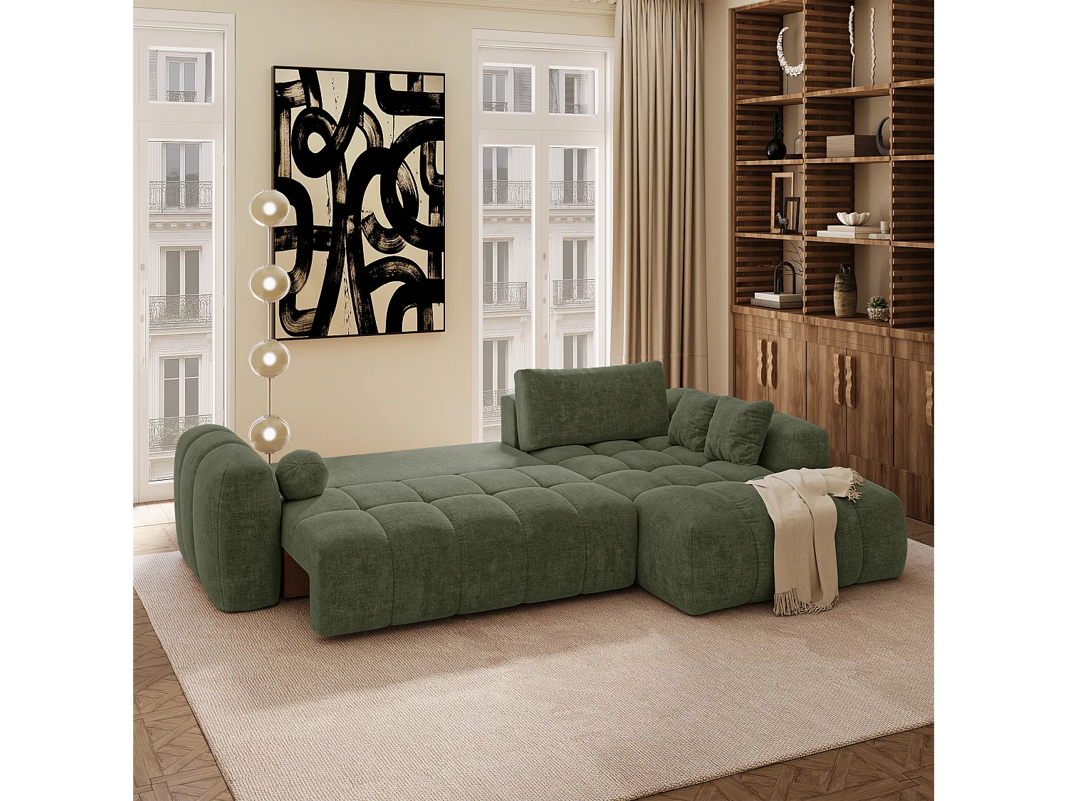 Canapé d'angle droit convertible avec coffre SKY en Tissu tramé