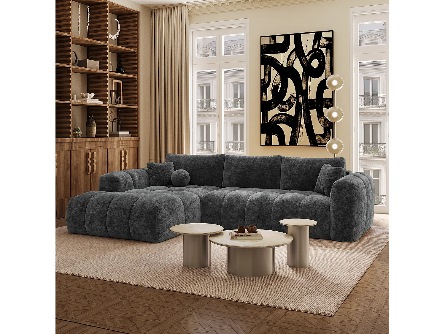 Canapé d'angle gauche convertible avec coffre SKY en Velours gaufré