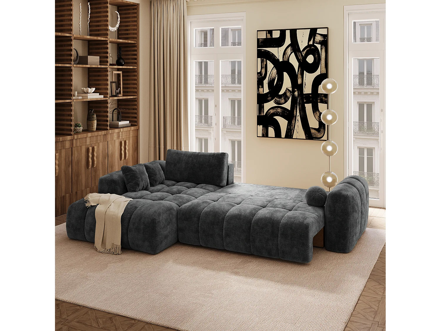 Canapé d'angle gauche convertible avec coffre SKY en Velours gaufré