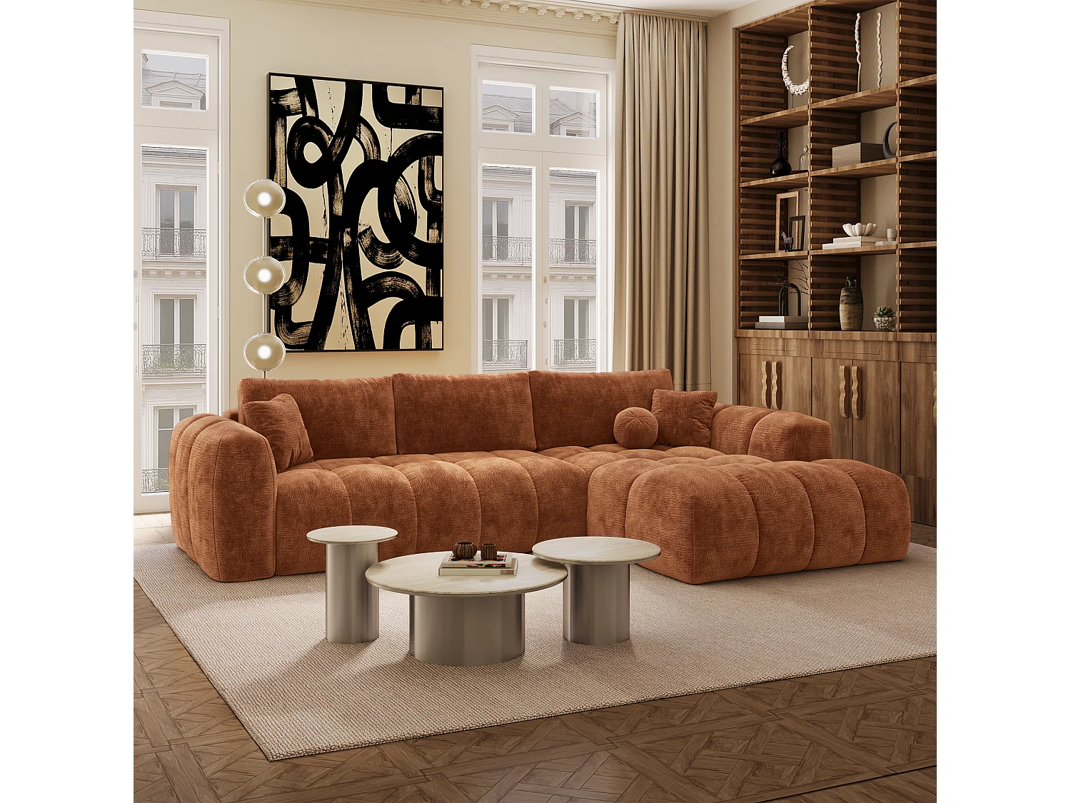 Canapé d'angle droit convertible avec coffre SKY en Velours gaufré