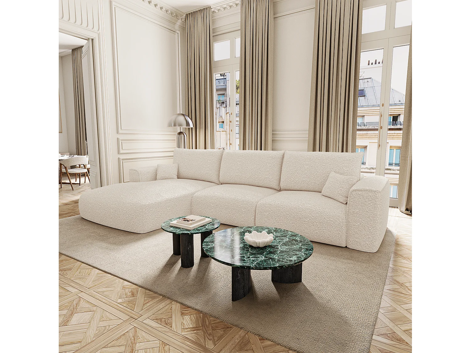 Canapé d'angle gauche convertible avec coffre COMO en Tissu bouclette