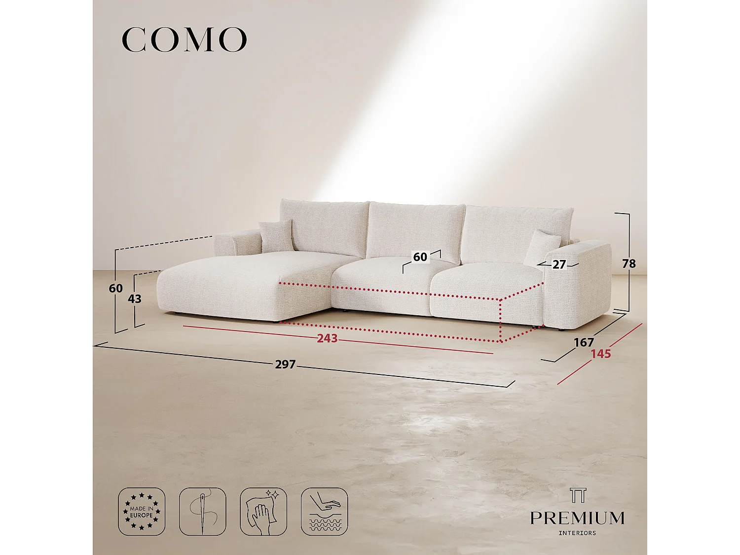 Canapé d'angle gauche convertible avec coffre COMO en Tissu tramé toucher doux