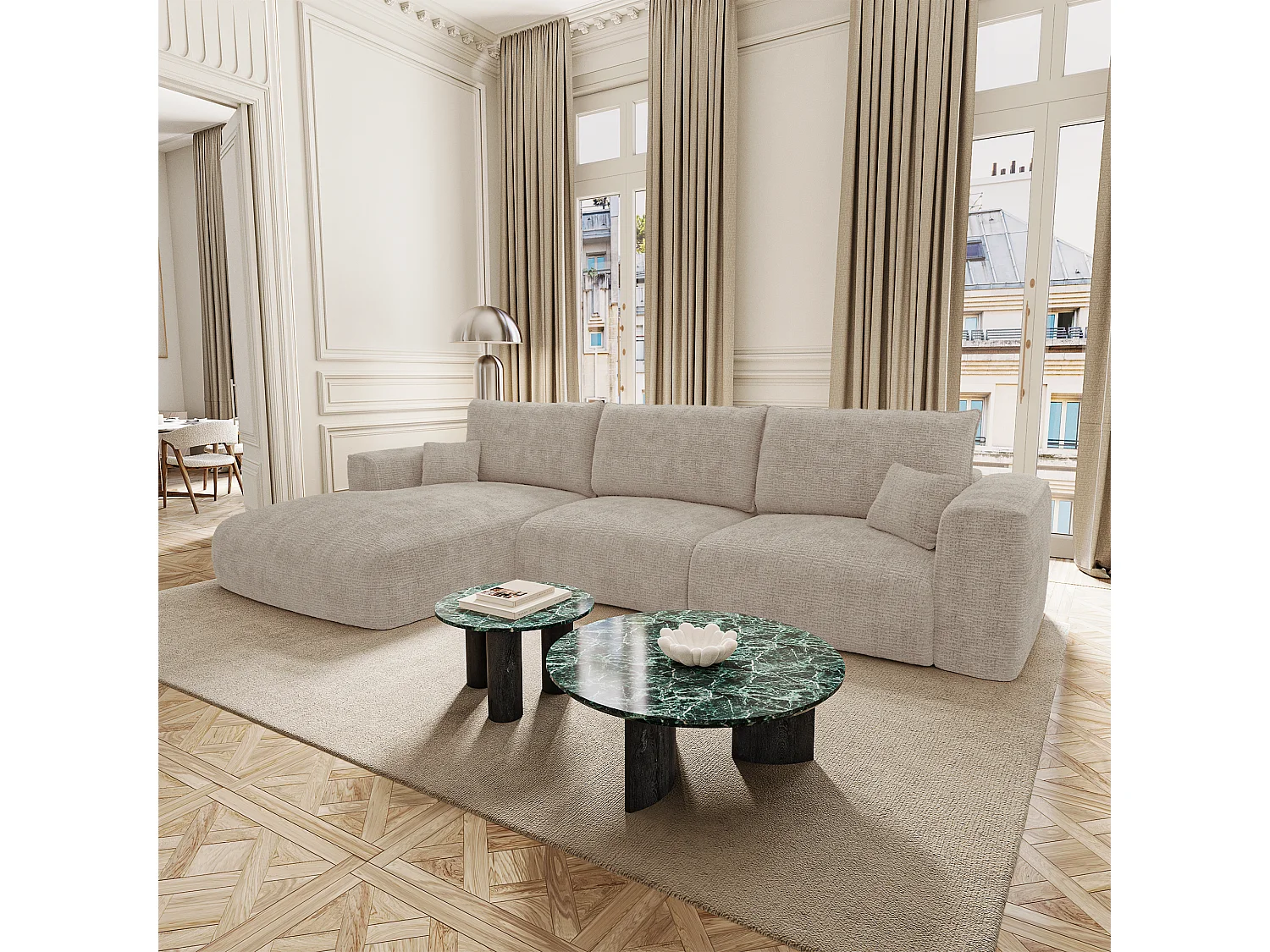 Canapé d'angle gauche convertible avec coffre COMO en Tissu tramé toucher doux