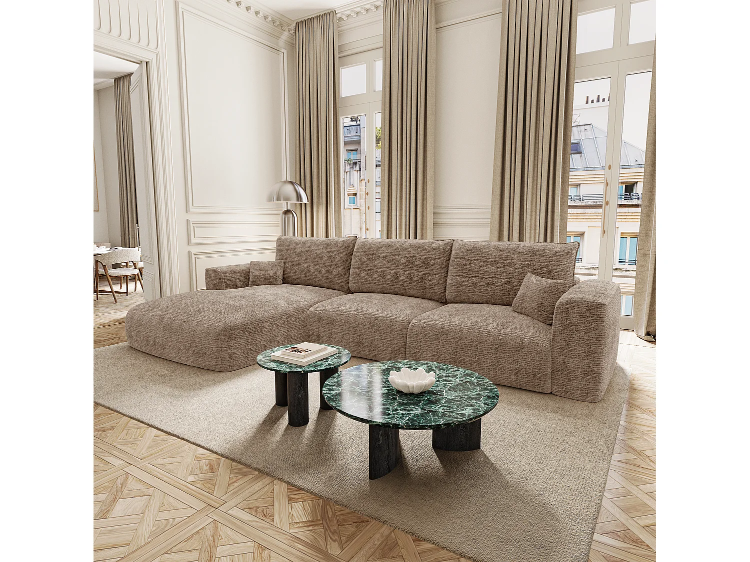 Canapé d'angle gauche convertible avec coffre COMO en Tissu tramé toucher doux