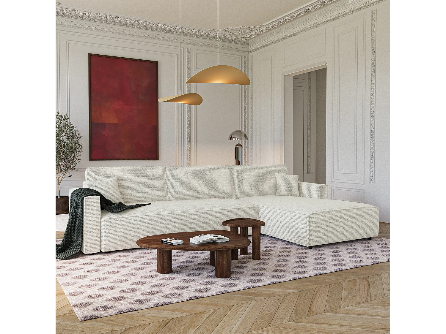 Canapé d'angle droit convertible avec coffre  en Tissu effet tweed