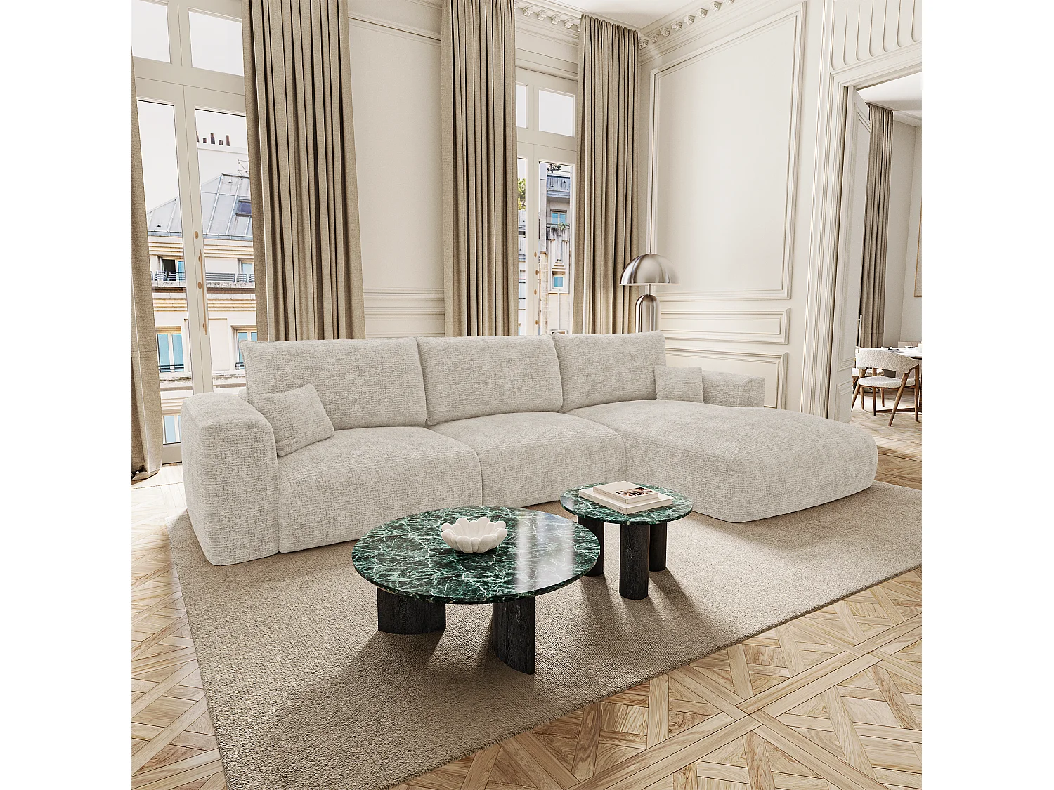 Canapé d'angle droit convertible avec coffre COMO en Tissu tramé  toucher doux