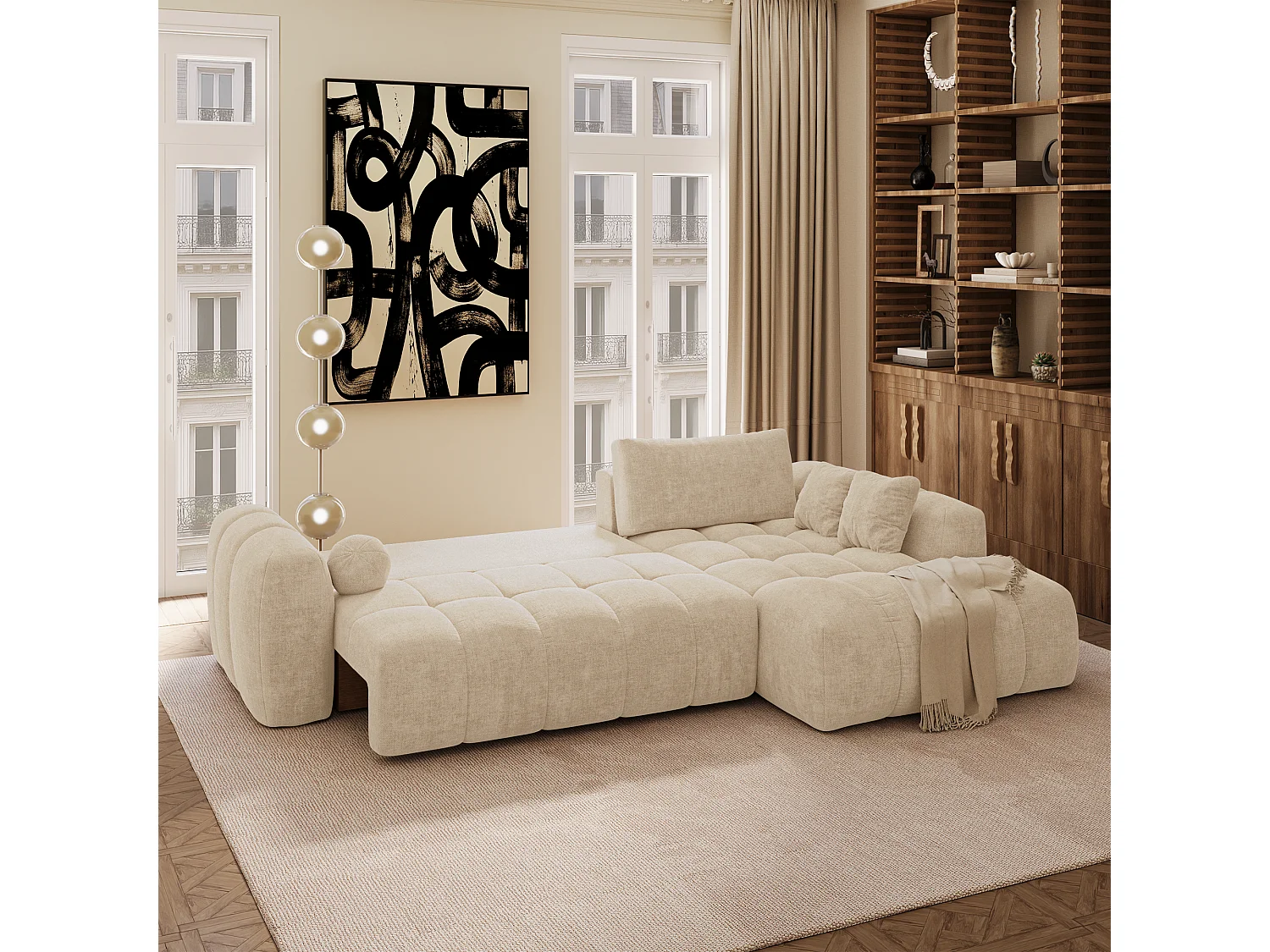 Canapé d'angle droit convertible avec coffre SKY en Tissu tramé