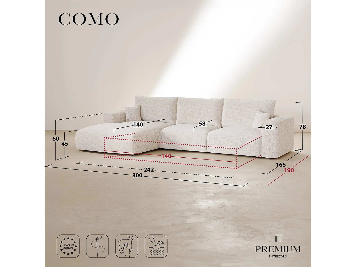 Canapé d'angle gauche convertible express COMO en Tissu tramé toucher doux