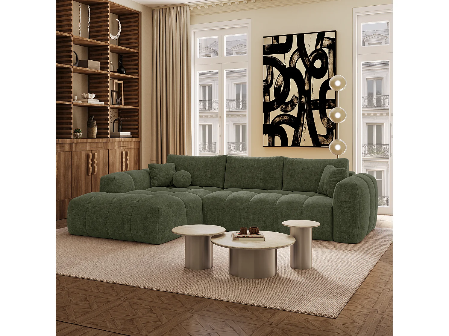 Canapé d'angle gauche convertible avec coffre SKY en Tissu tramé