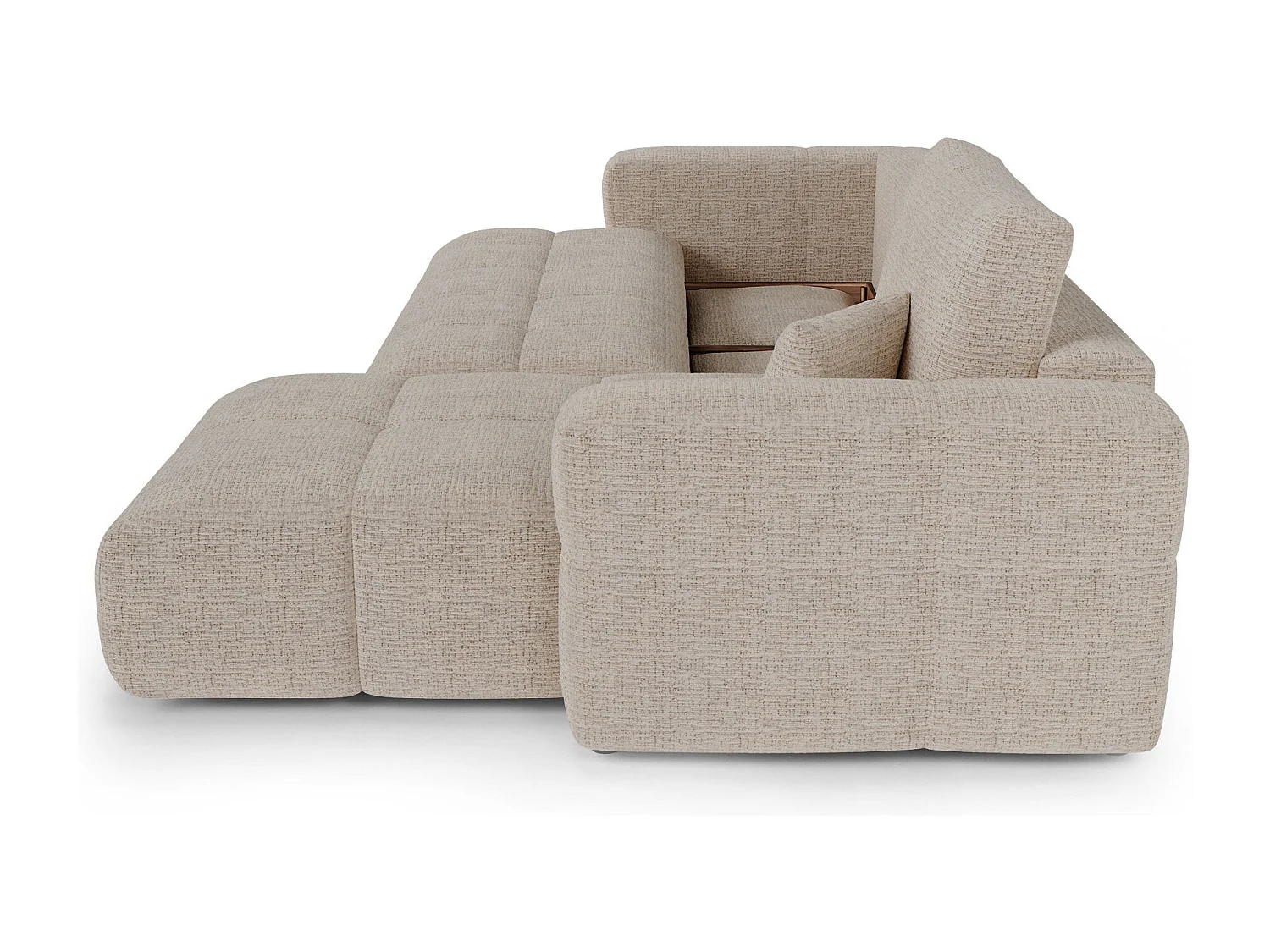 Canapé d'angle droit convertible avec coffre VIBE en Tissu tramé toucher doux