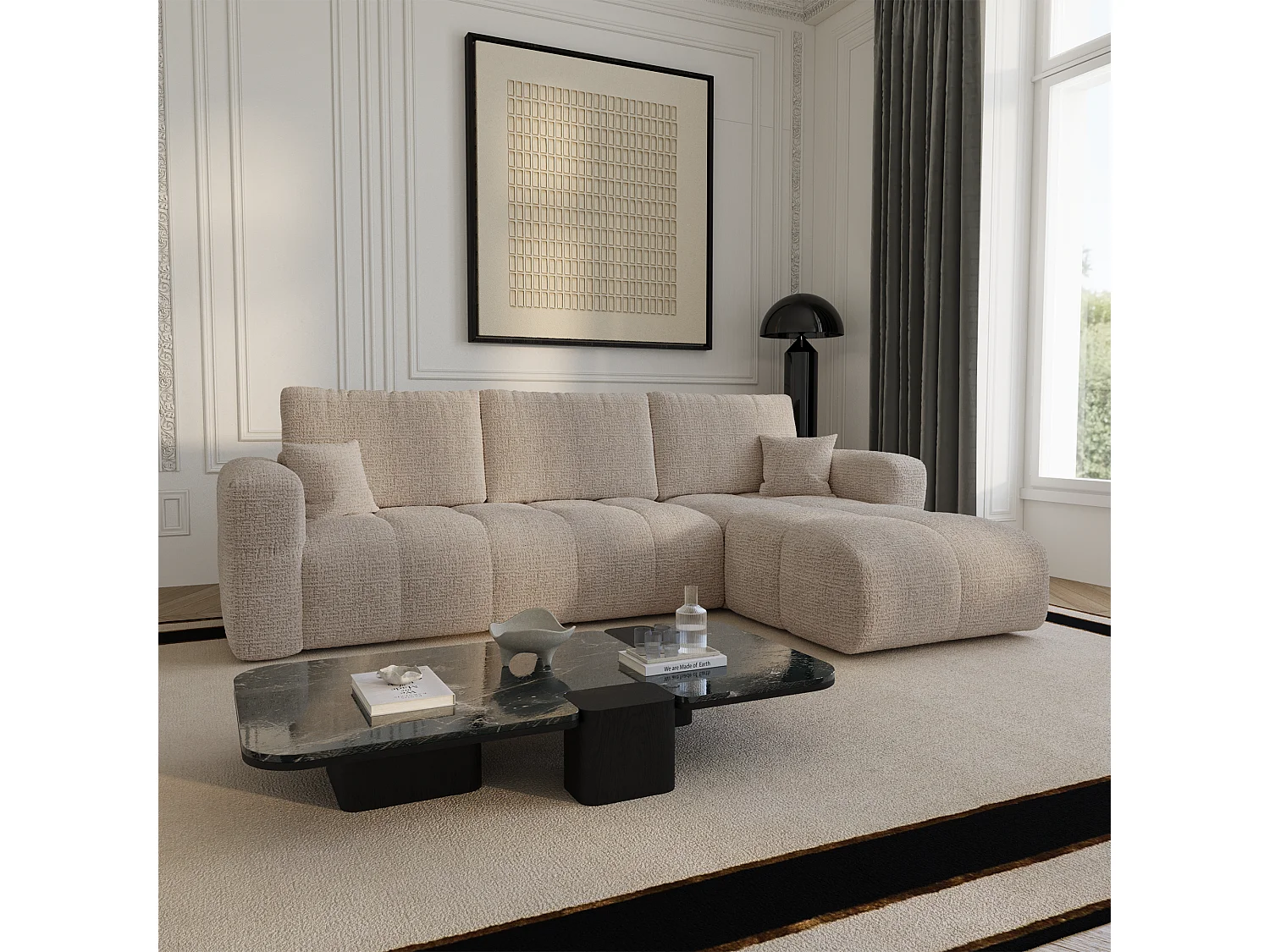 Canapé d'angle droit convertible avec coffre VIBE en Tissu tramé toucher doux