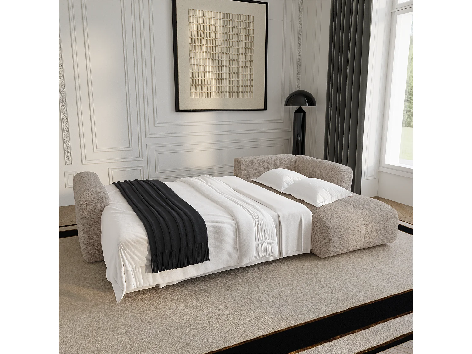 Canapé d'angle droit convertible avec coffre VIBE en Tissu tramé toucher doux