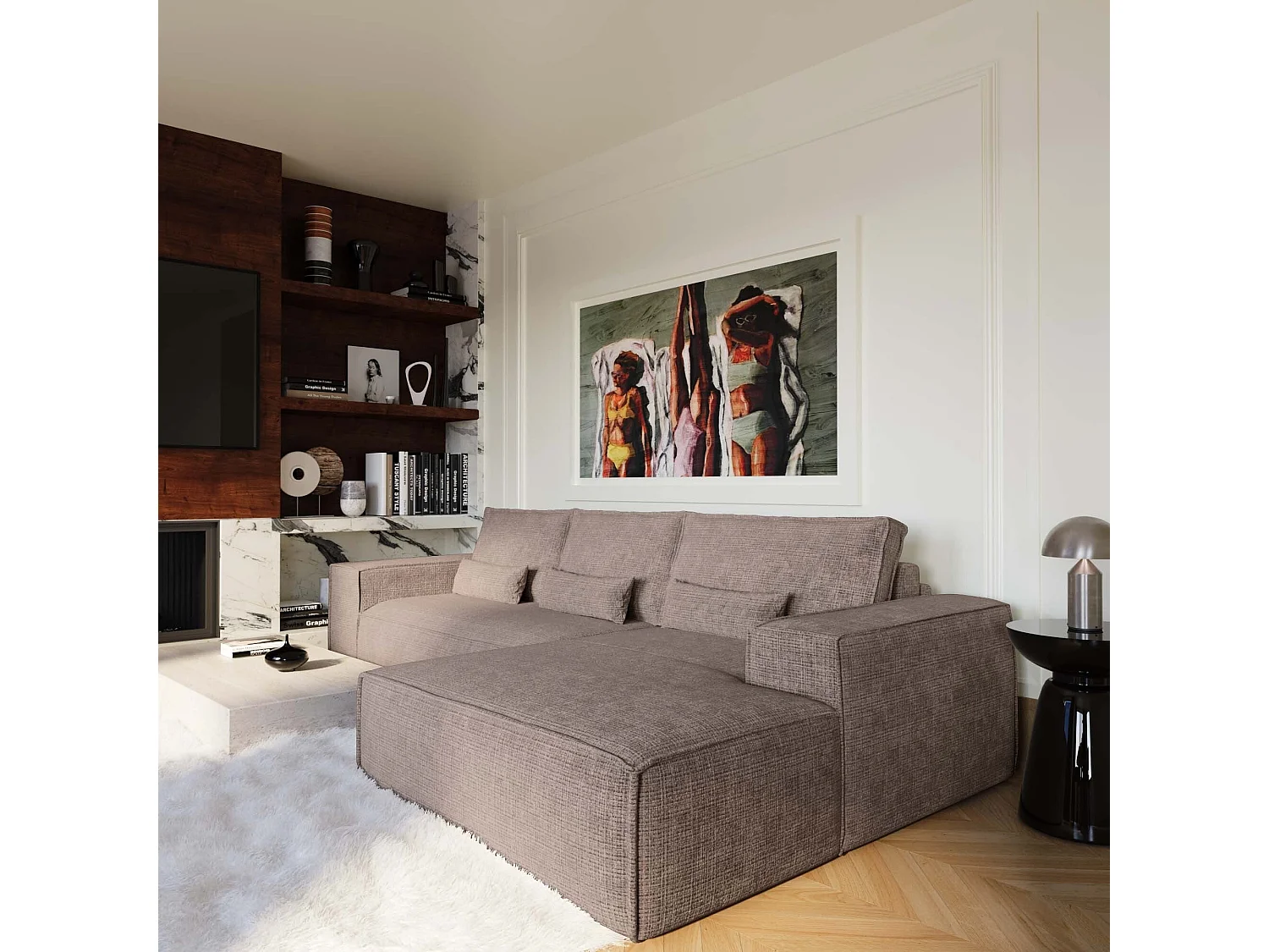 Canapé d'angle droit convertible express JUNE en Velours gaufré